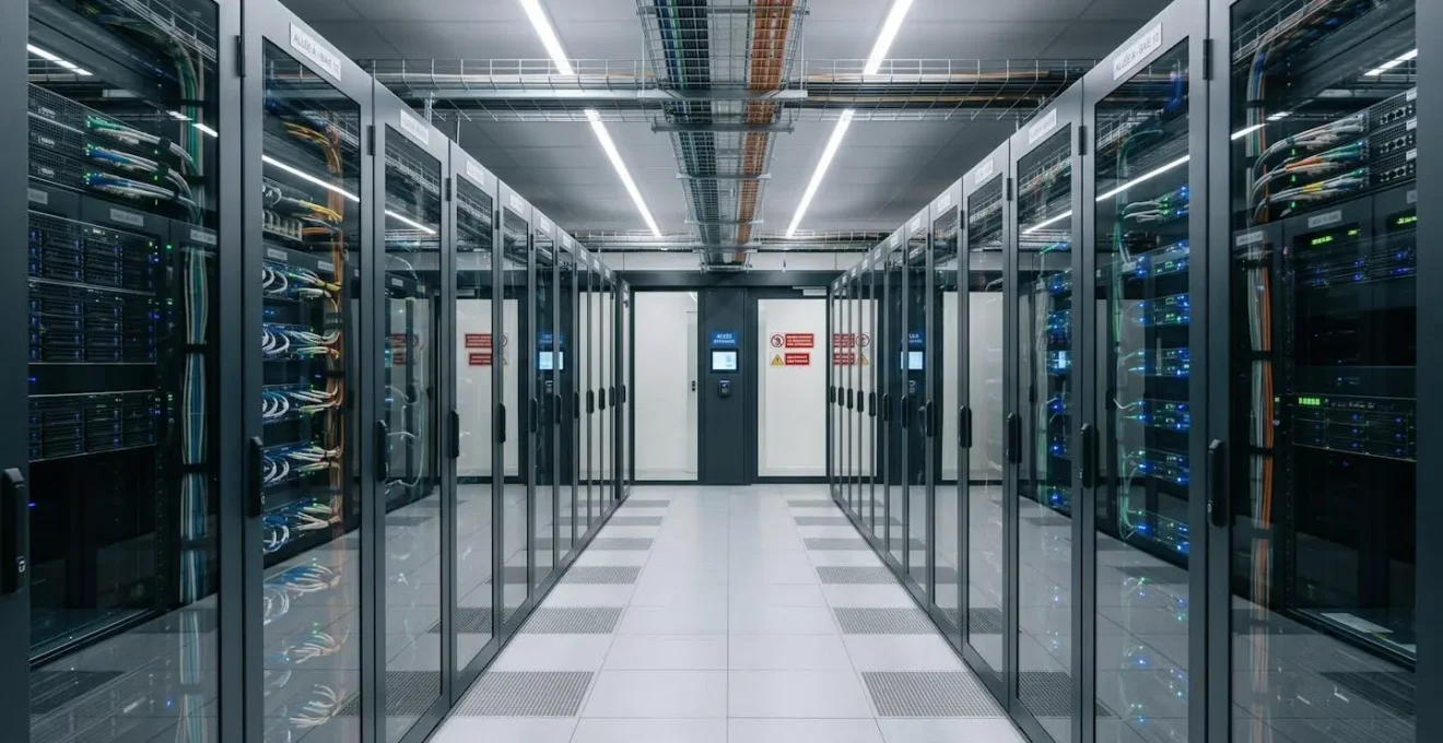 Allée centrale d'un datacenter moderne avec rangées symétriques de racks serveurs sécurisés équipés de systèmes de monitoring LED et câblage structuré professionnel