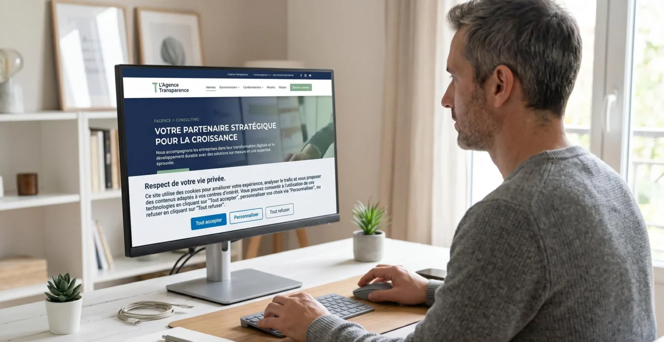Écran d'ordinateur affichant un bandeau de consentement cookies RGPD en français avec options claires de personnalisation, consulté par un professionnel dans un bureau lumineux
