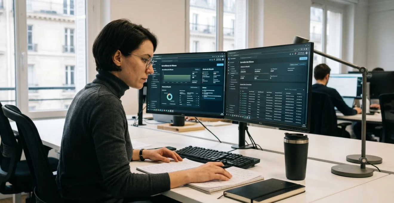 Experte en cybersécurité analysant des tableaux de bord de monitoring réseau sur double écran dans un bureau moderne parisien, consultant des notes manuscrites pour l'audit de vulnérabilités d'un site web PME