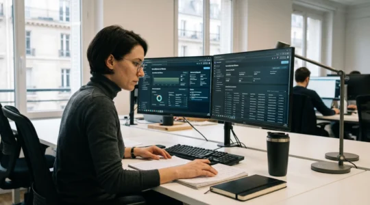 Experte en cybersécurité analysant des tableaux de bord de monitoring réseau sur double écran dans un bureau moderne parisien, consultant des notes manuscrites pour l'audit de vulnérabilités d'un site web PME