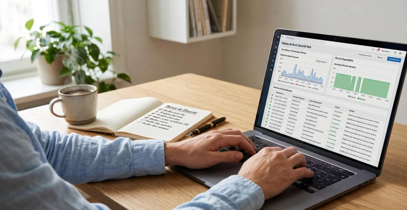 Personne consultant un tableau de bord de monitoring de sécurité web sur ordinateur portable, mains tapant au clavier à côté d'un carnet de checklist de maintenance sur bureau en bois clair